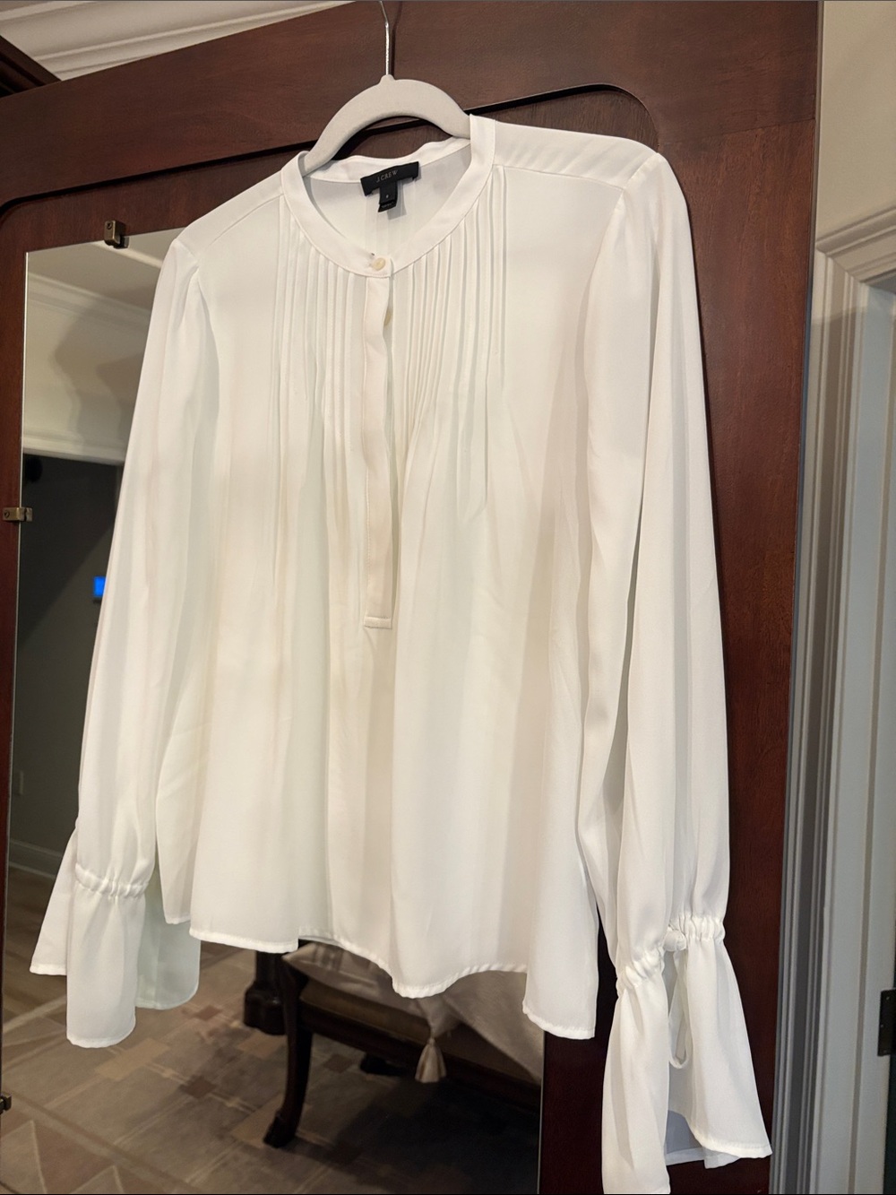 Classic White Pleated Silky Long-Sleeve Women's Blouse